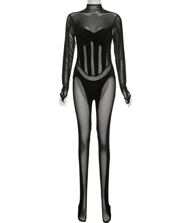 black Catsuit features corset like paneling and a semi-sheer construction, this sexy catsuit will stand out this festive season. Flock Shaping paneled catsuit 