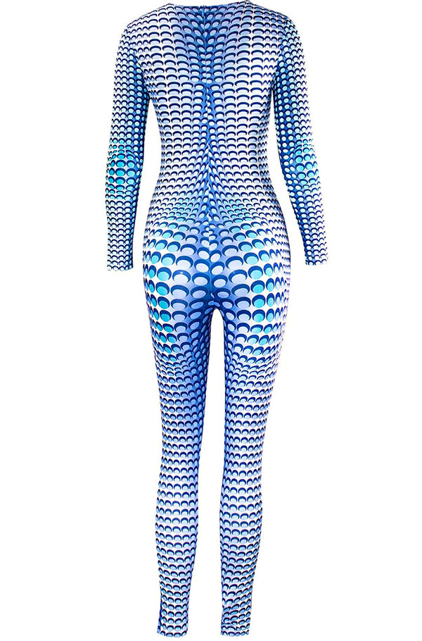  Blue Bubble Jumpsuit is made of high quality poly-blend breathable fabric & features long sleeves, bright print, slim fit, bodycon fit & , zip closure. Inspired by MARINE SERRE fitted jumpsuit with all-over Moon fish print.