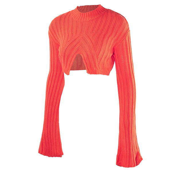 Orange Crop Sweater Features: Cropped Fit Long bell sleeves Mock neck, Lightweight, Loose fit,Split Hem Detail, Fits true to size S:2/4 M:6/8 L:8/10