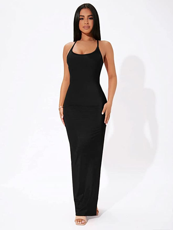 Black slip dress that offers a comfortable, body-hugging fit. This maxi length dress features a flattering straight neckline and partially adjustable spaghetti straps.
